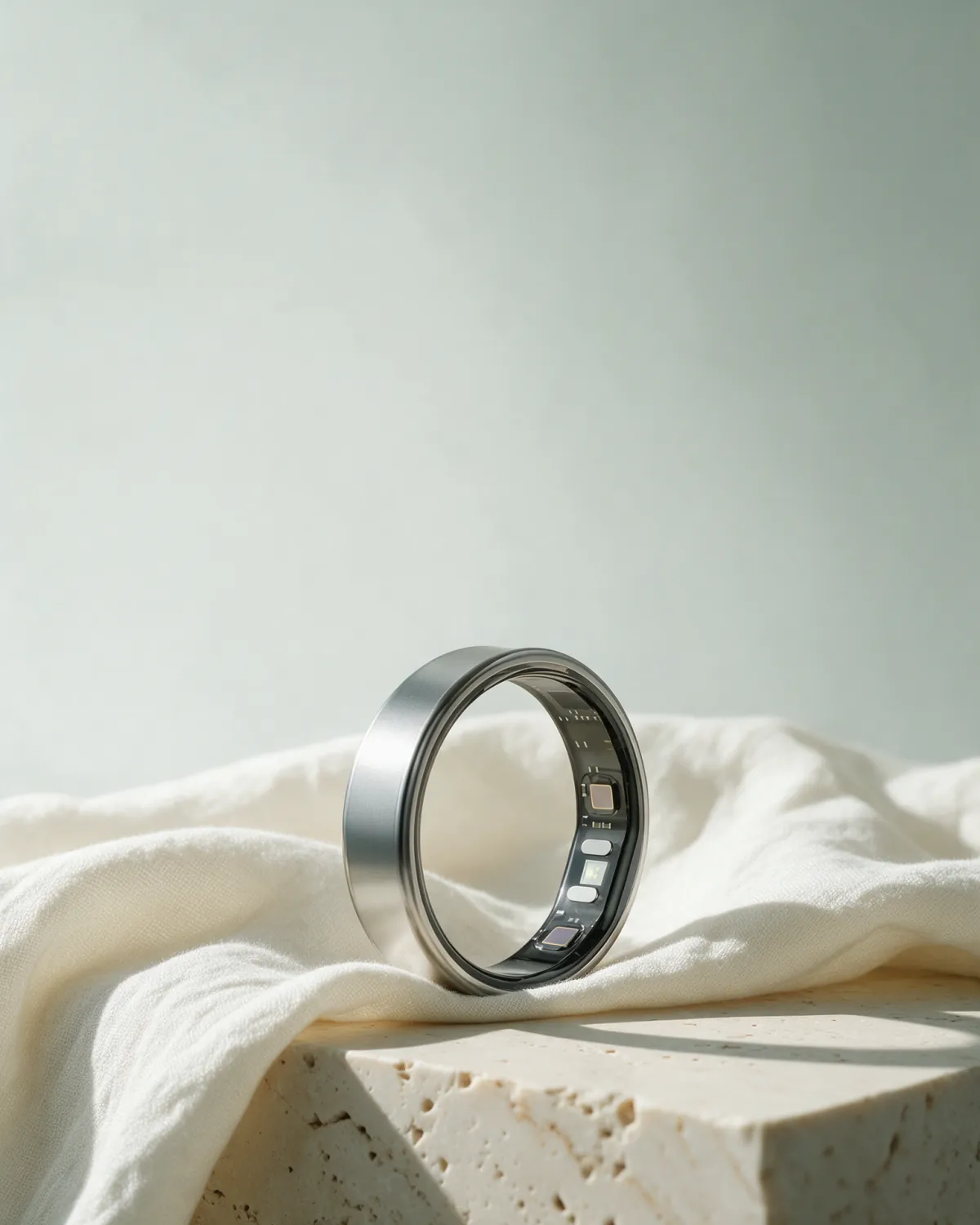 A silver SparkRing resting on linen